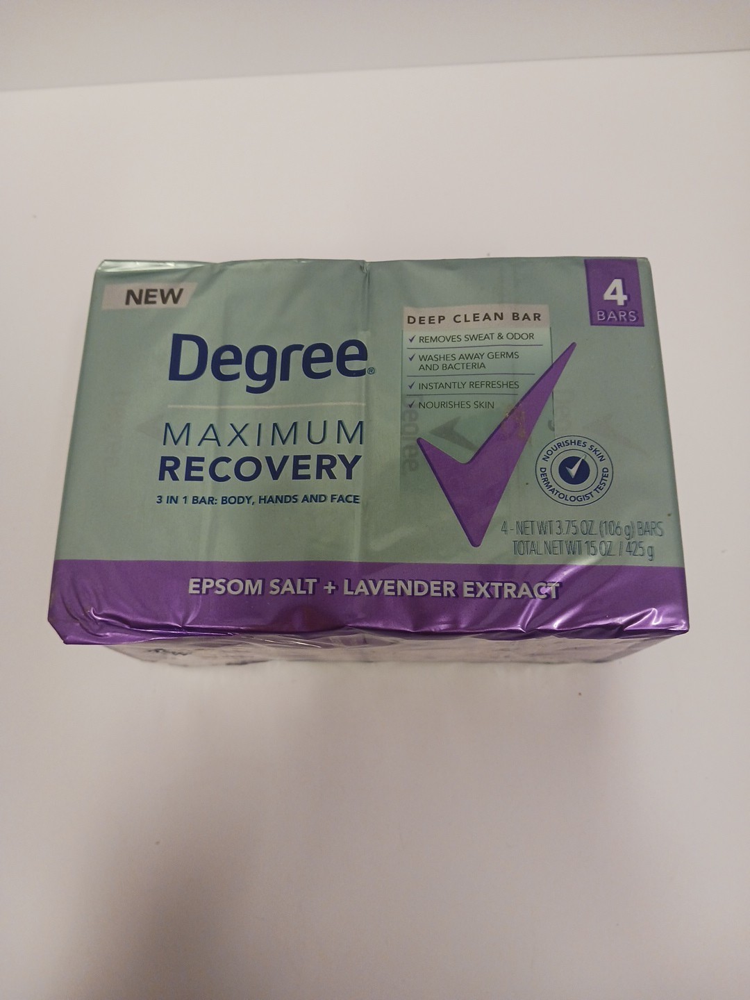 4 Bars Degree Max Recovery 3-in-1 Soap Bar Epsom Salt + Lavender 3.75 OZ Each