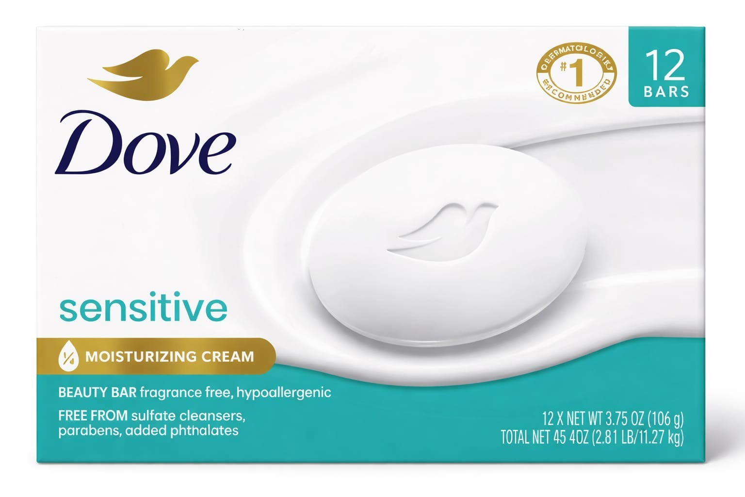 Dove Beauty Bar Sensitive 1/4 Moisturizing Cream Soap 3.75 oz 12 bars