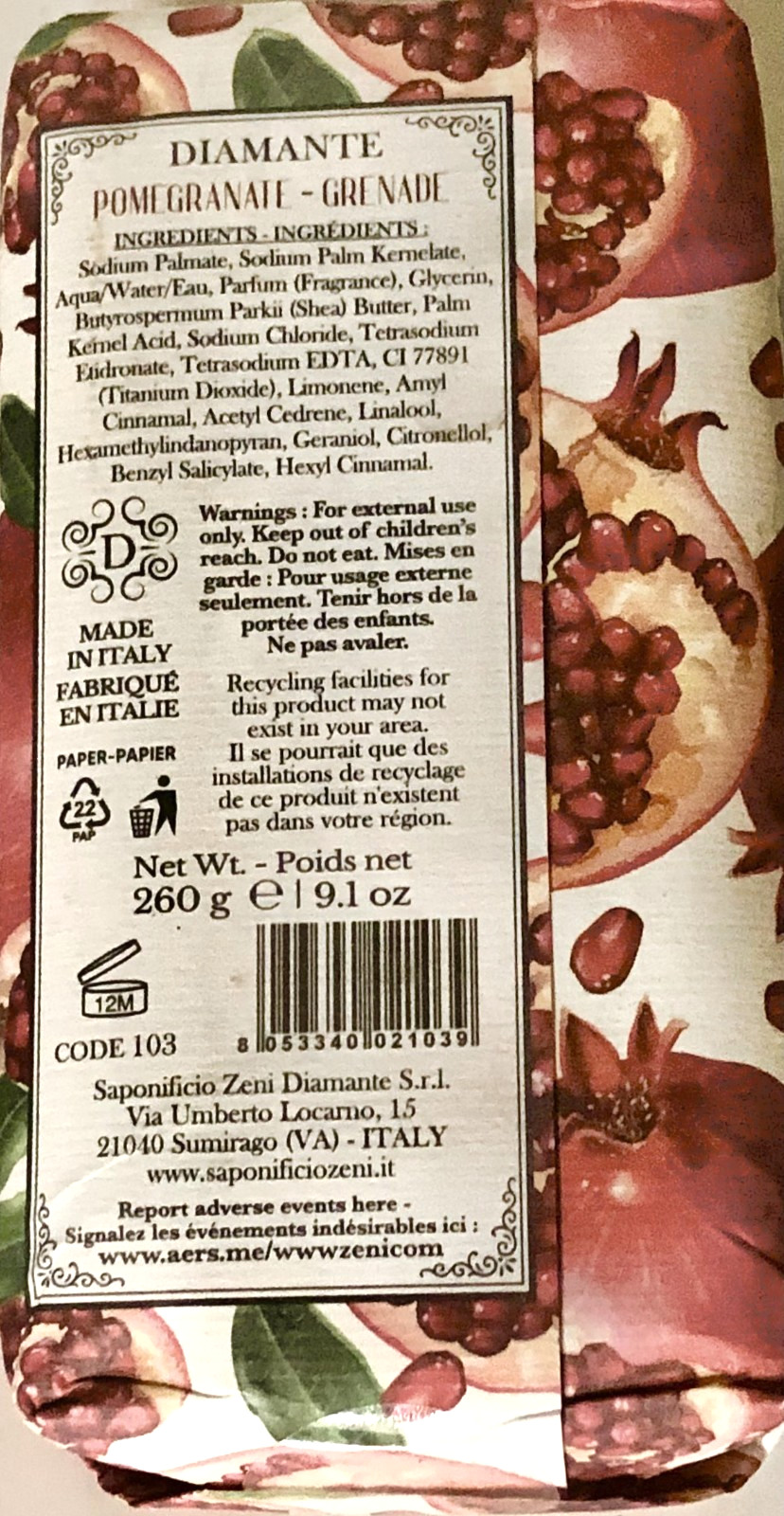 Diamante Pomegranate Grenade Fine Triple Milled Soap Bar 1x260g/9.1 Oz