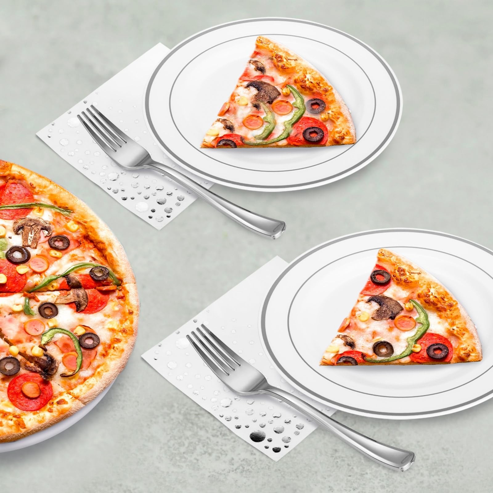 Stylish 7.5 Inch White and Silver Plastic Plates, Disposable Forks and Cockta…