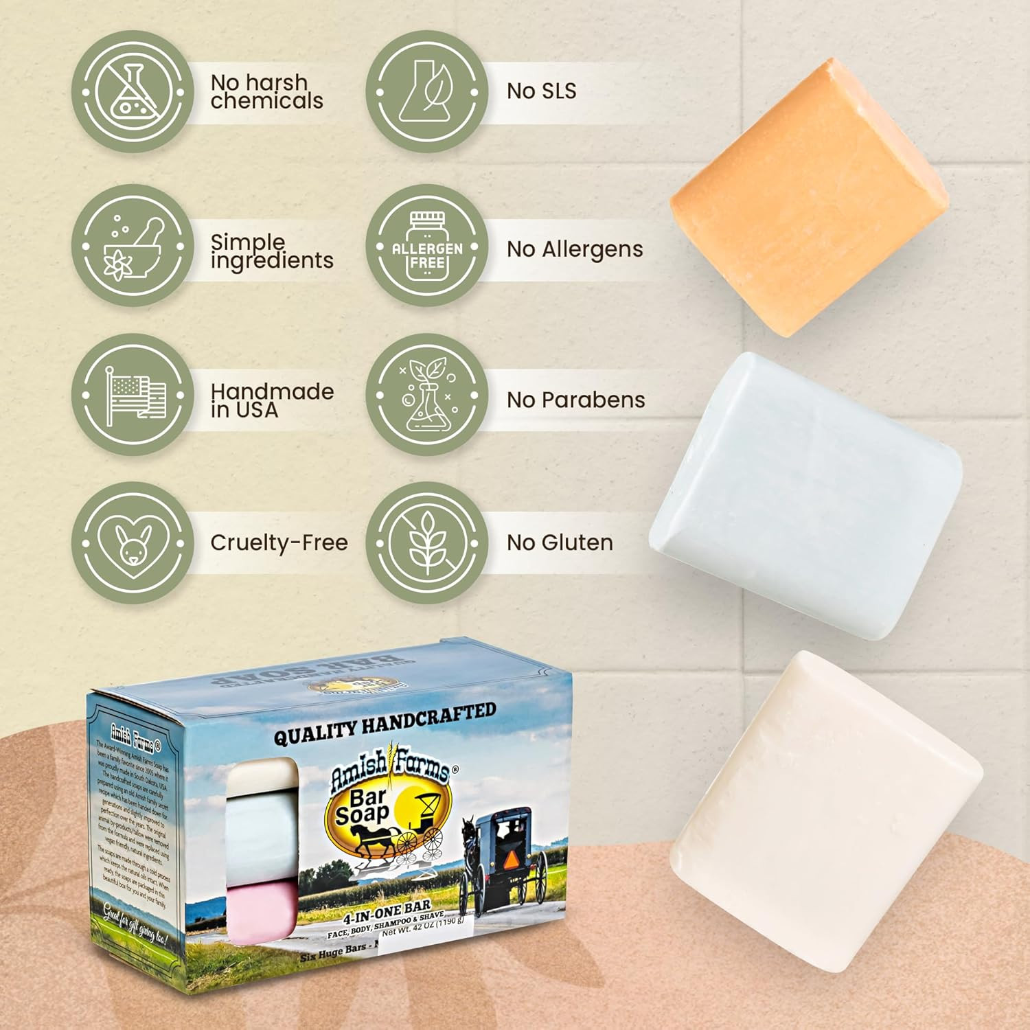 Bar Soap W/All Natural Bentonite Clay (6 Bars) Made in USA, Vegan Moisturizing f