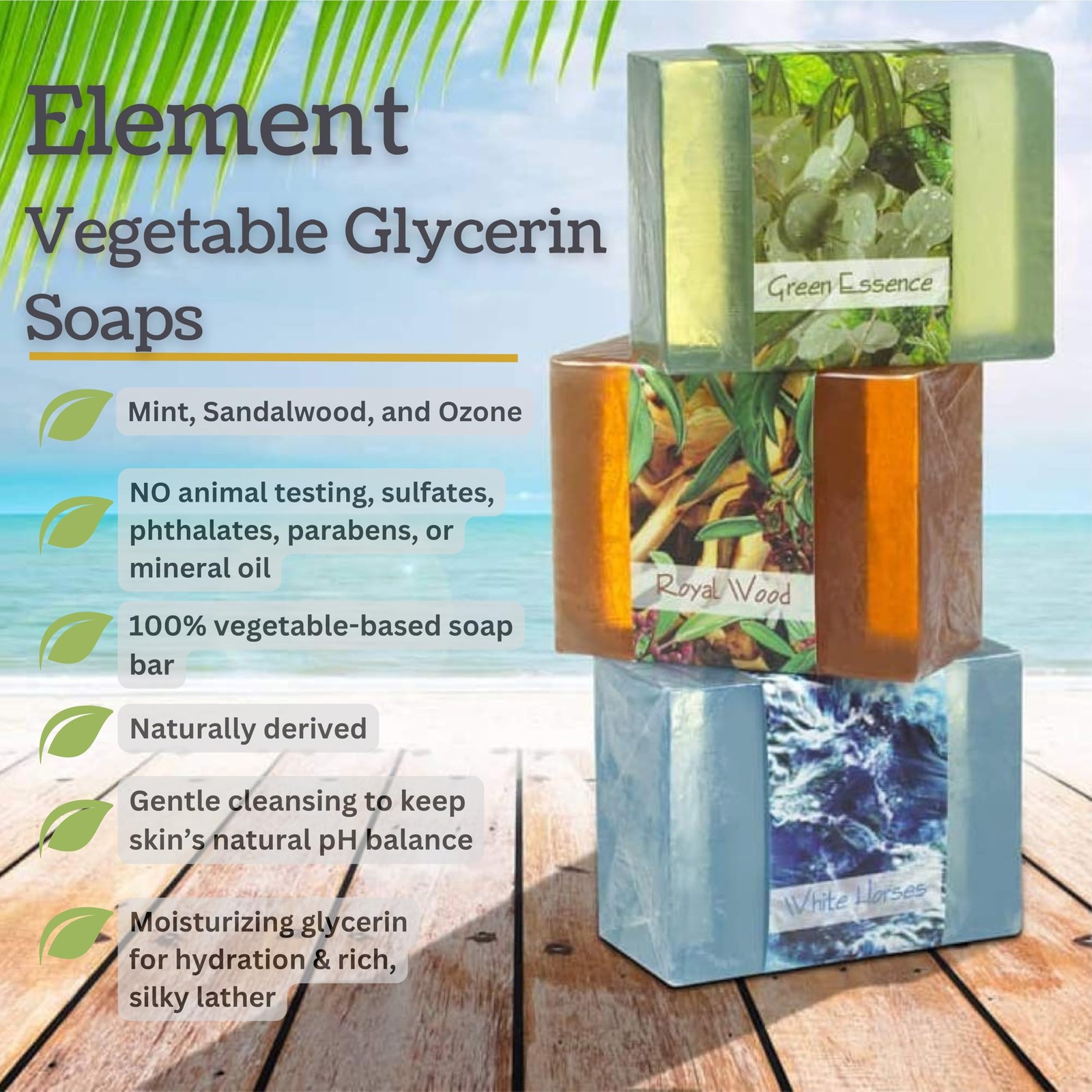 Elements Glycerin Bar Soap Set of 3 | Green Essence, Royal Wood & White Horse…