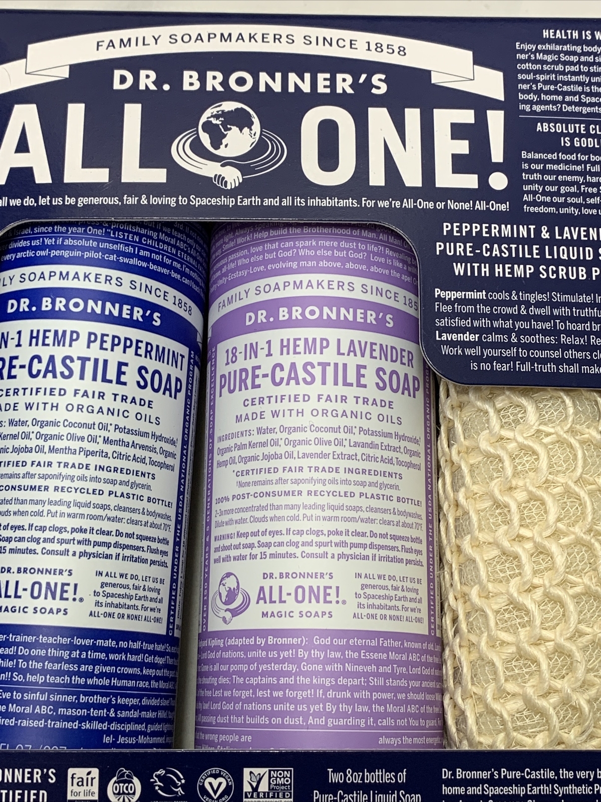 Dr Bronners Organic Liquid Soap Gift Set Peppermint Lavender Scrub Pad