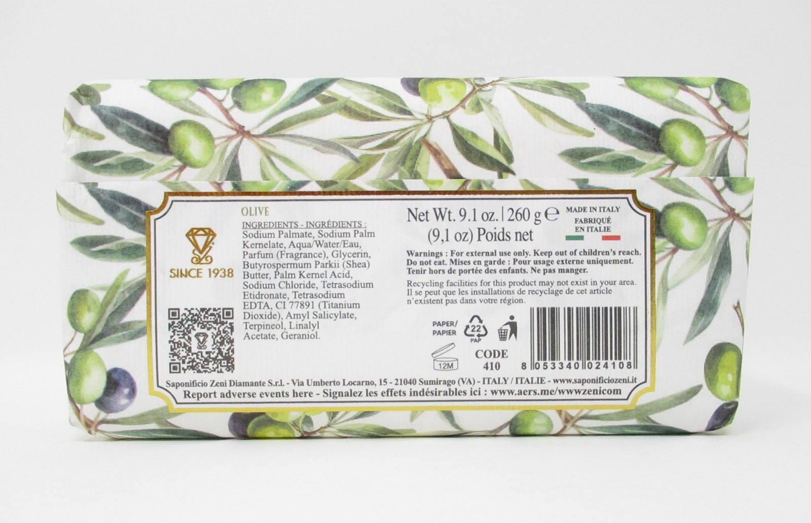 Diamante Italian Luxury Bath Bar Soap Olive scented 9.1oz fine triple milled