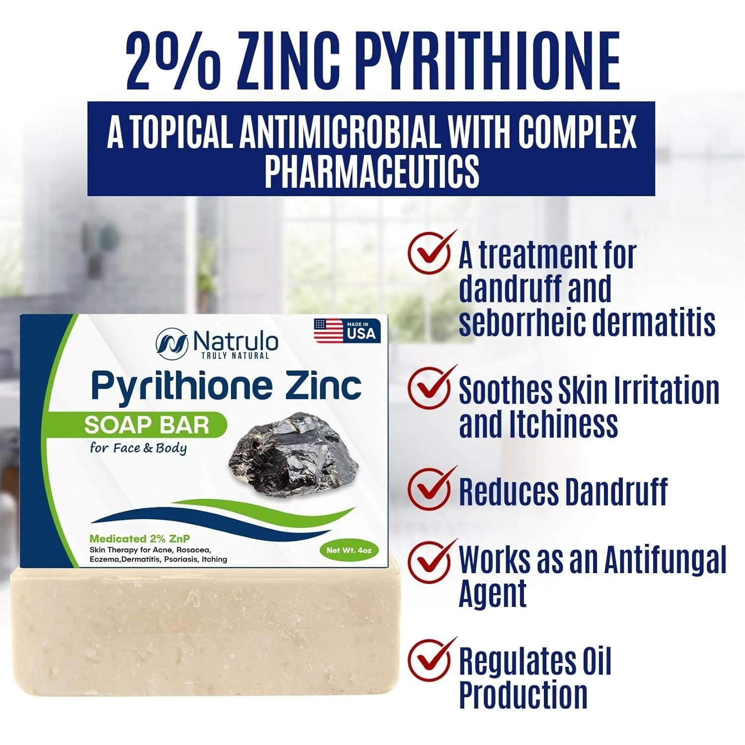 Pyrithione Zinc Soap Bar for Face & Body, 4oz | Medicated 2% ZnP Bar Soap Skin T