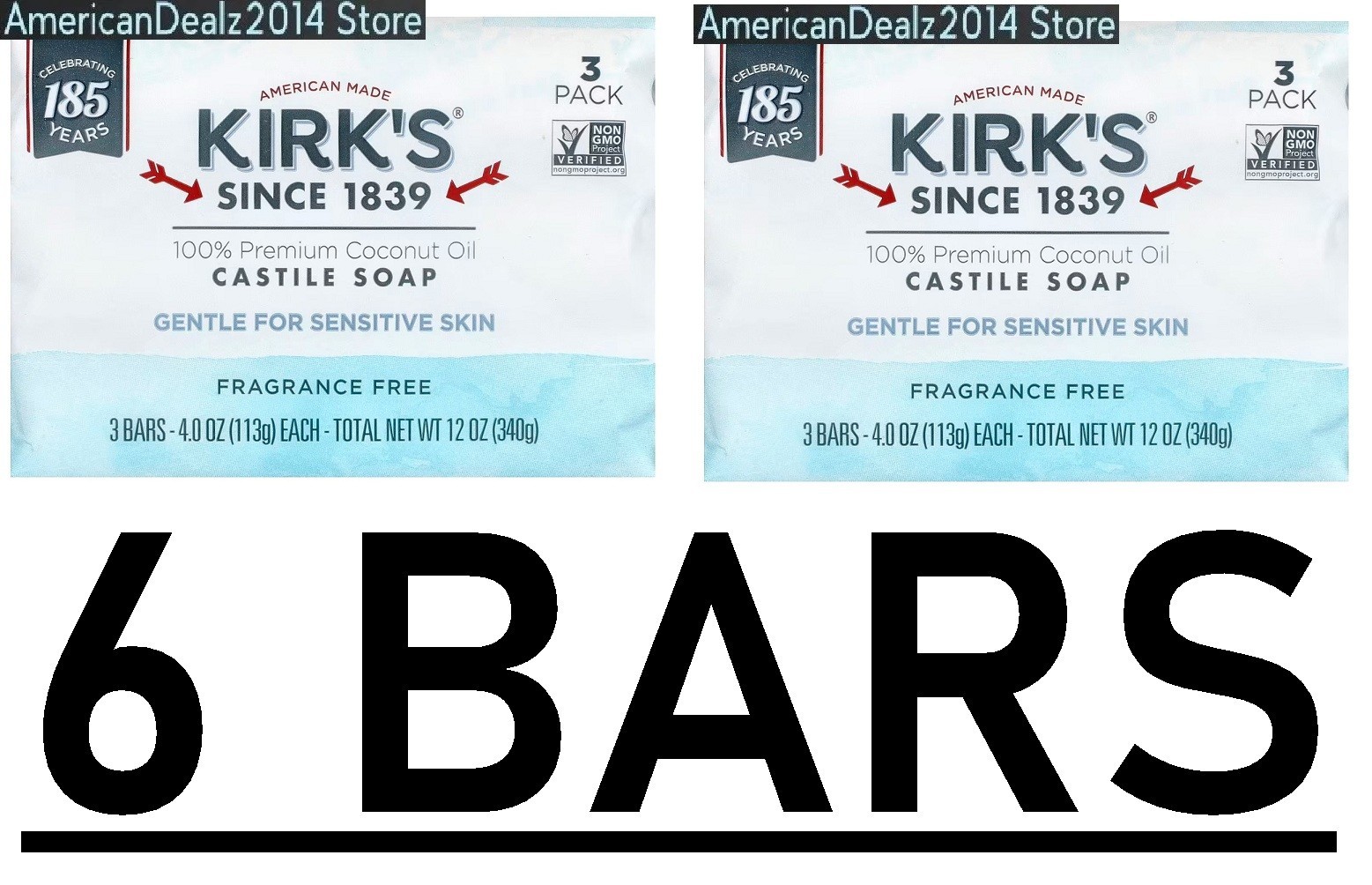 6 BARS Kirk’s 100% Premium Coconut Oil Gentle Castile Soap Fragrance Free, 4 oz