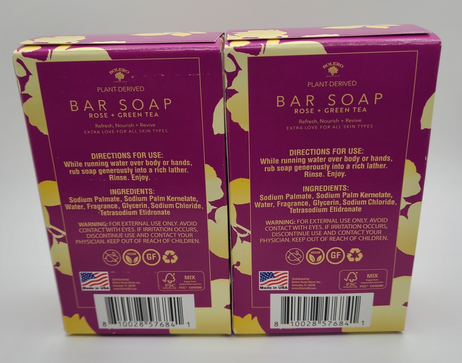 NEW 2pk Bolero Plant Derived ROSE + GREEN TEA Bar Soap Bath 6.25oz All Skin Type