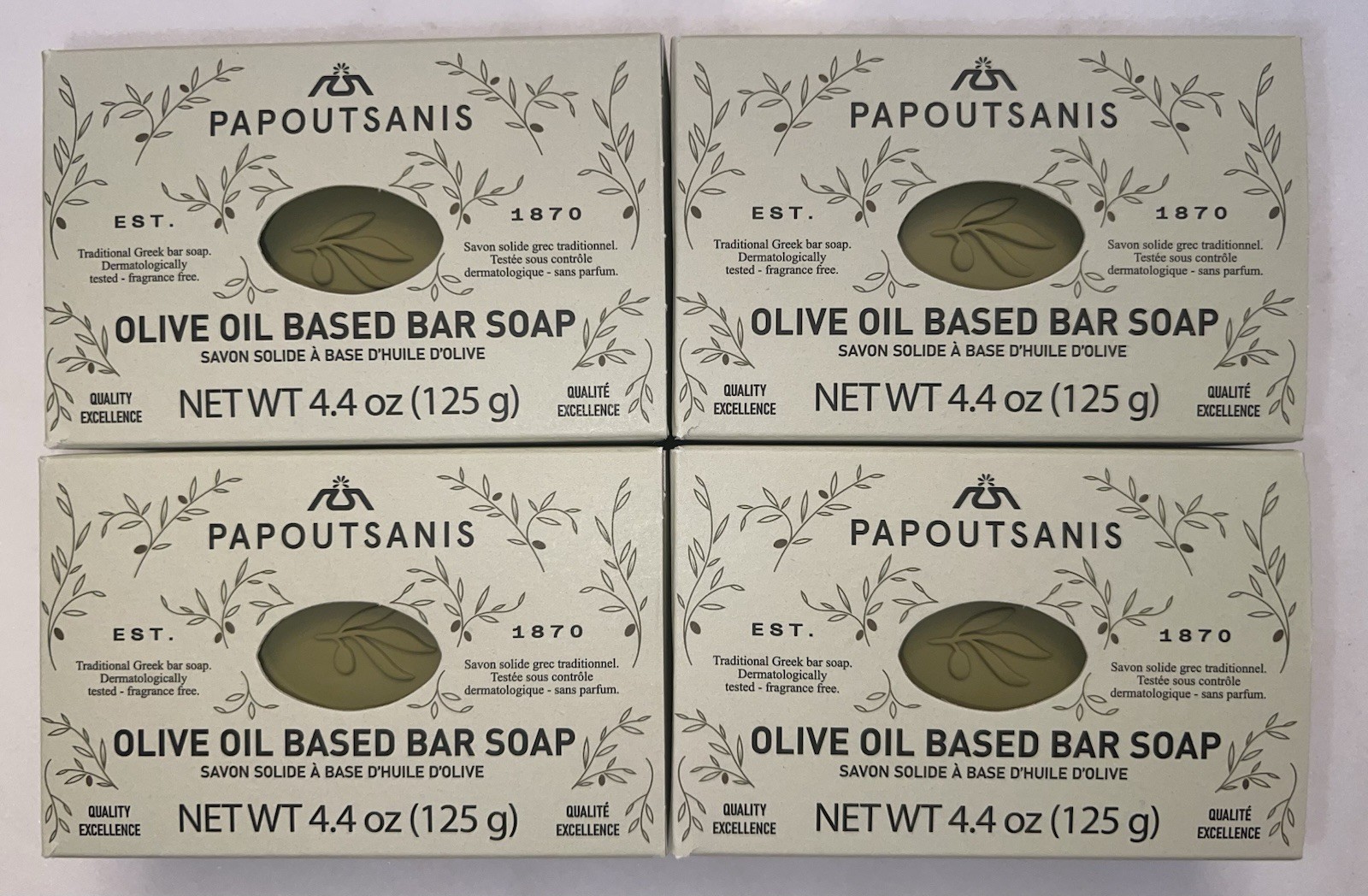 (4) Imported Greek Olive Oil 4.4oz. Bar Soap Unscented Hypoallergenic 17.6 Oz. T