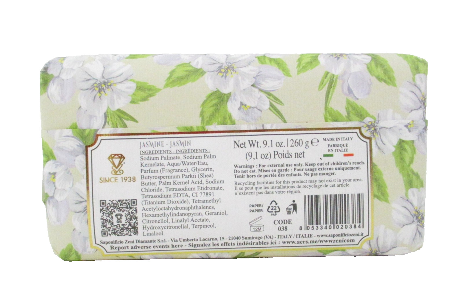 Diamante Italian Luxury Bath Bar Soap Jasmine scented 9.1oz fine triple milled