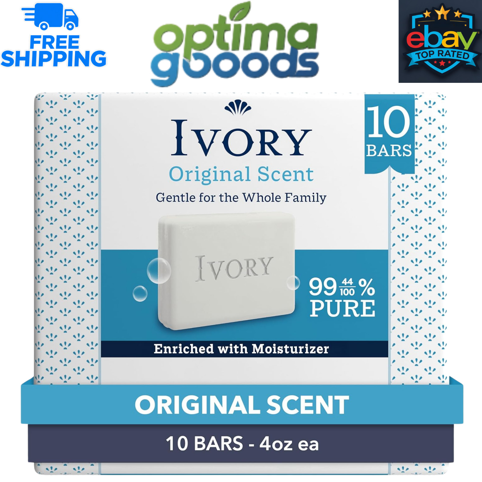Ivory Gentle Bar Soap Original Scent 4 oz 10 Count 99.44% Pure Plant Based Clean