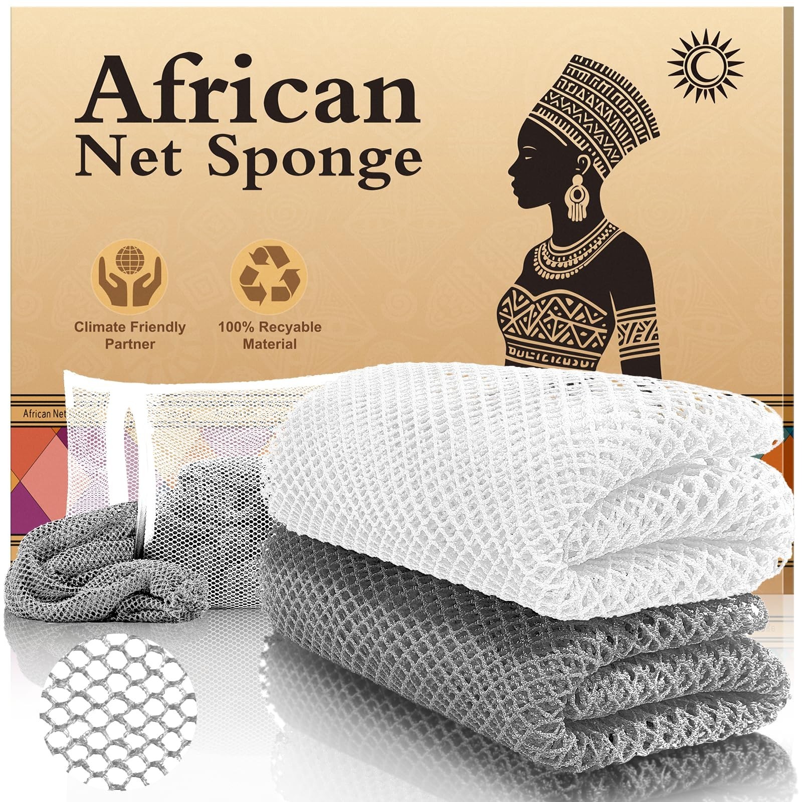 Authentic African Net Sponge (2PCS) – Exfoliating Bath Tool, Face/Body Exfoli…