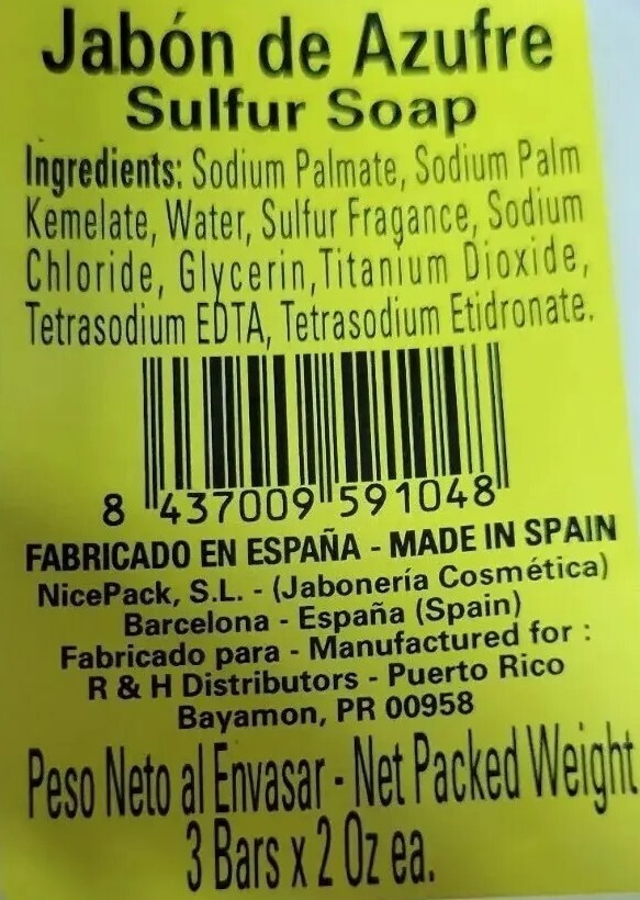 Original Jabon Azufre Sulfur Oil Soap Bars Made in Spain 3 Bars-2 0z. Ea.