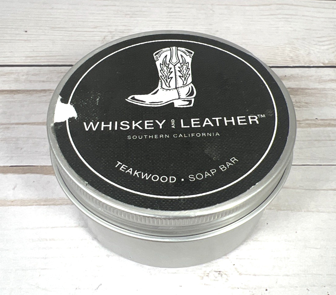 Sand & Fog Whiskey and Leather Teakwood Soap Bar Round Metal Tin 7oz