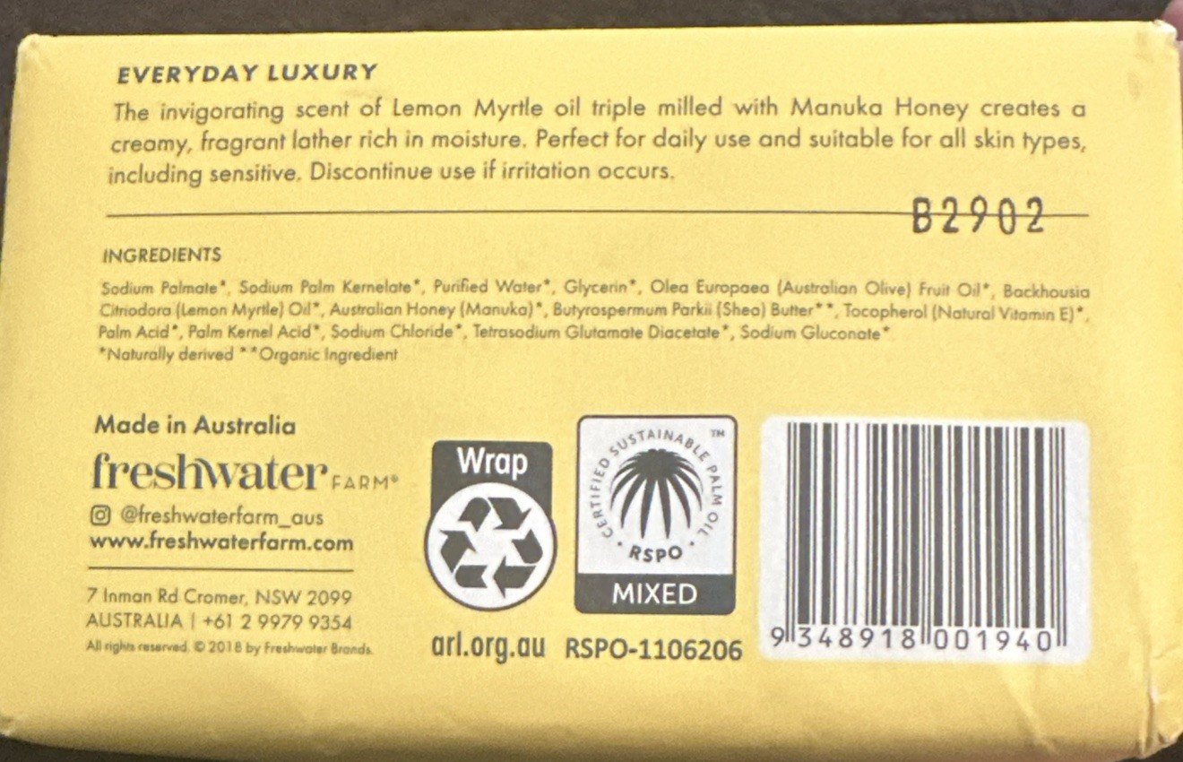 FRESHWATER FARM CASTILE BODY LEMON MYRTLE OIL + Manuka Honey 2 Pk- 7 OZ. Soap