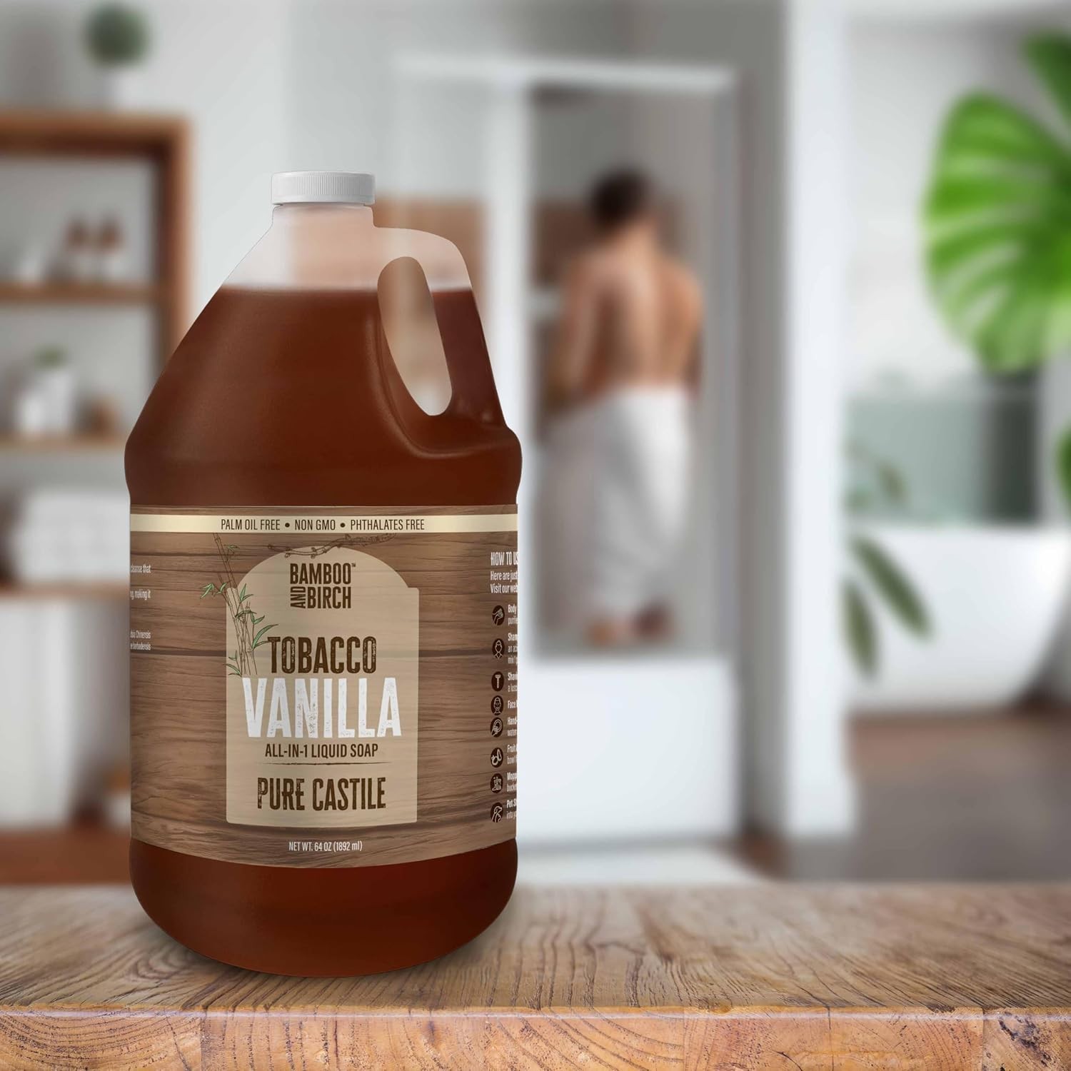 Bamboo & Birch Organic Castile Soap Tobacco Vanilla 64 oz Palm Oil Free