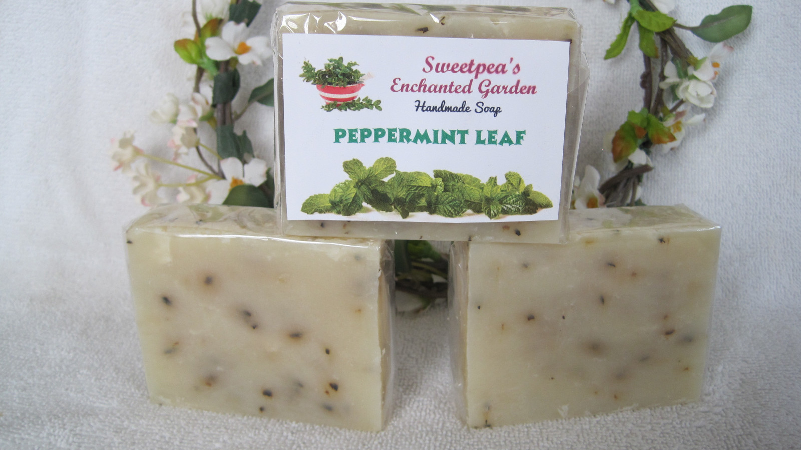 *HANDMADE NATURAL VEGAN SOAP, “PEPPERMINT LEAF” BARS. 3.5 to 5 oz ea.