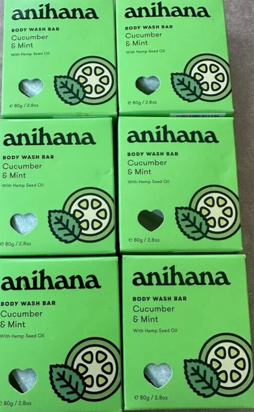 Lot Of 6 ANIHANA Body Wash Bar Cucumber & Mint W/Hemp Seed Oil 2.8 oz Each