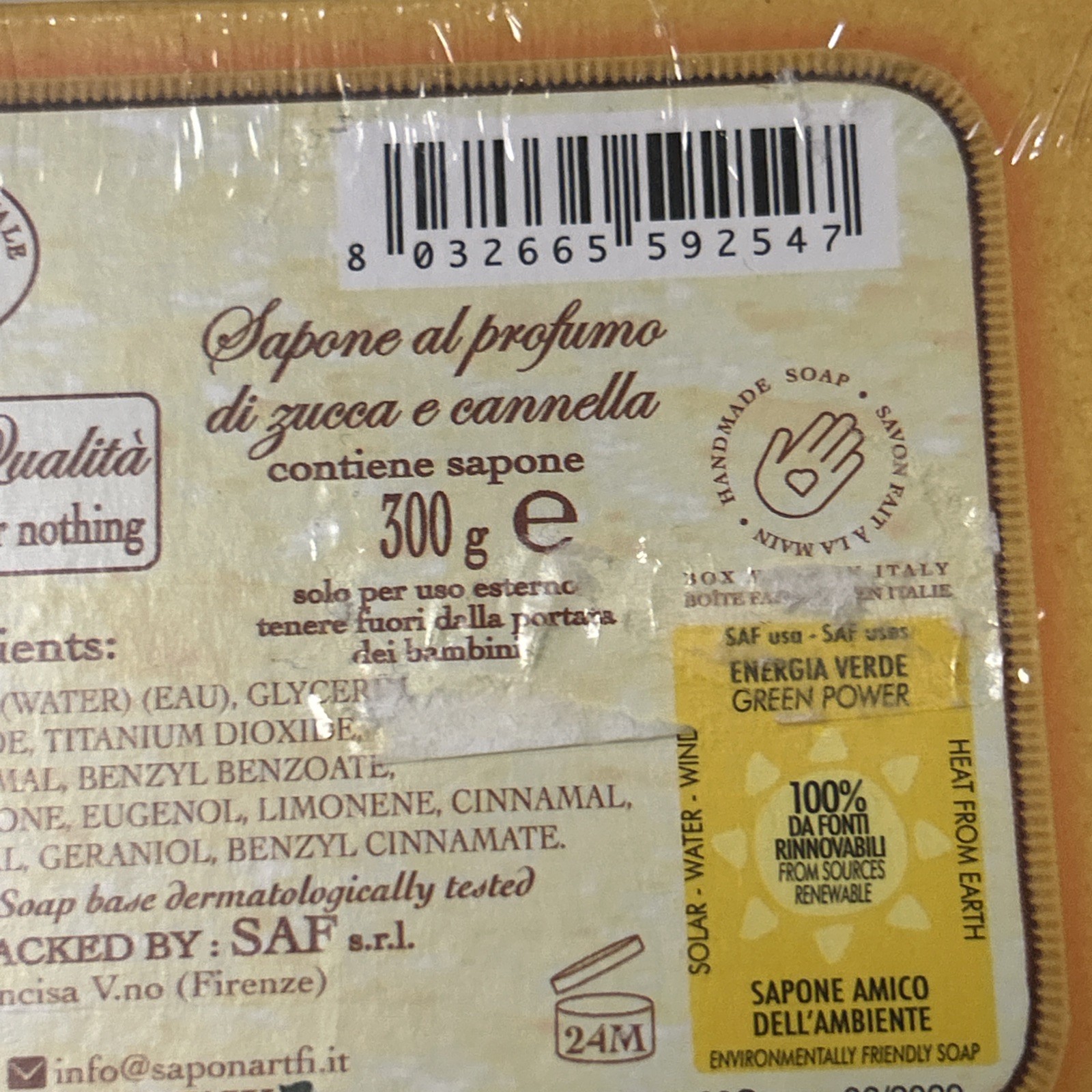 La Saponeria Firenze Pumpkin & Cinnamon Scented Soap 10.5oz Bar New Sealed