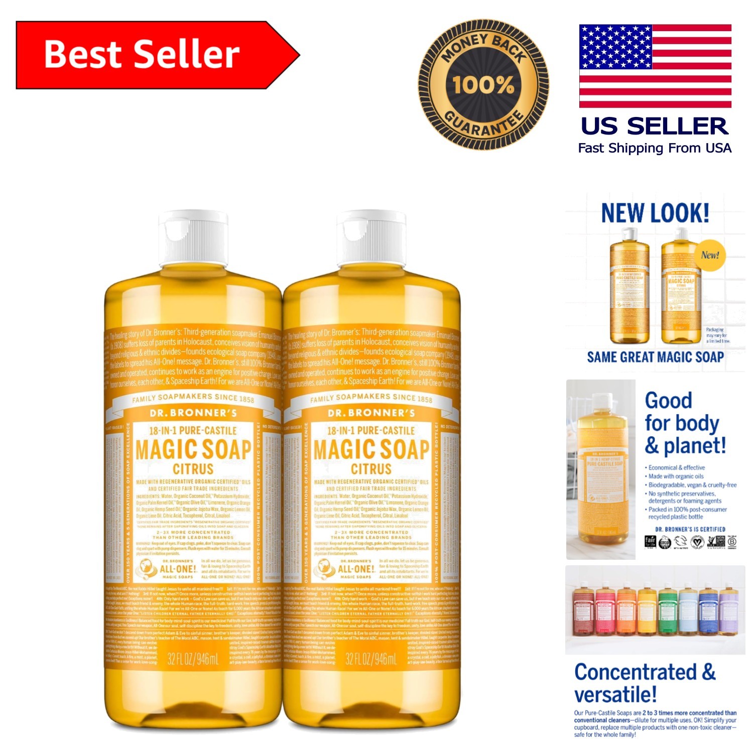 Eco-Friendly 32oz Pure-Castile Citrus Soap – Concentrated 18-in-1 Cleaner