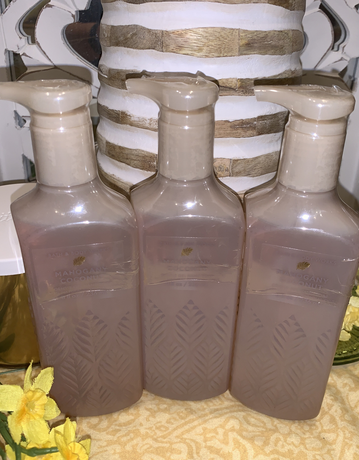 Bath & Body Works Gentle Gel Hand Soap Lot Set 3 MAHOGANY COCONUT w/ essen. oils