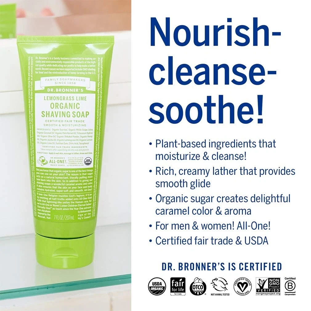 Dr. Bronner’s Organic Shaving Soap Lemongrass Lime 7 fl. oz Each (Pack of 4)