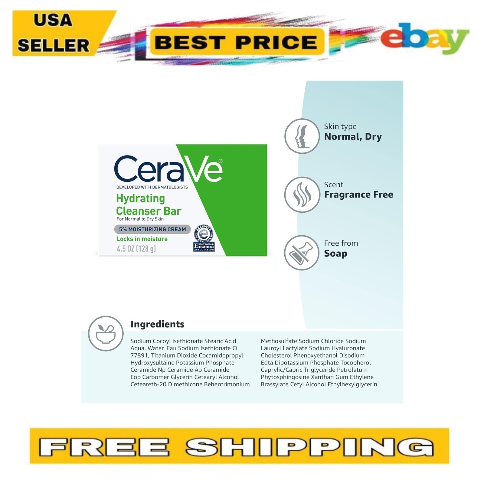 CeraVe Hydrating Cleanser Bar, Moisturizing Soap Free Cleanser