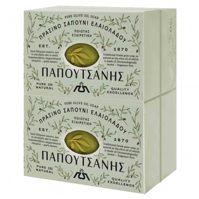 PAPOUTSANIS TRADITIONAL GREEK GREEN SOAP PURE OLIVE OIL 4x125gr FACE/BODY/HAIR