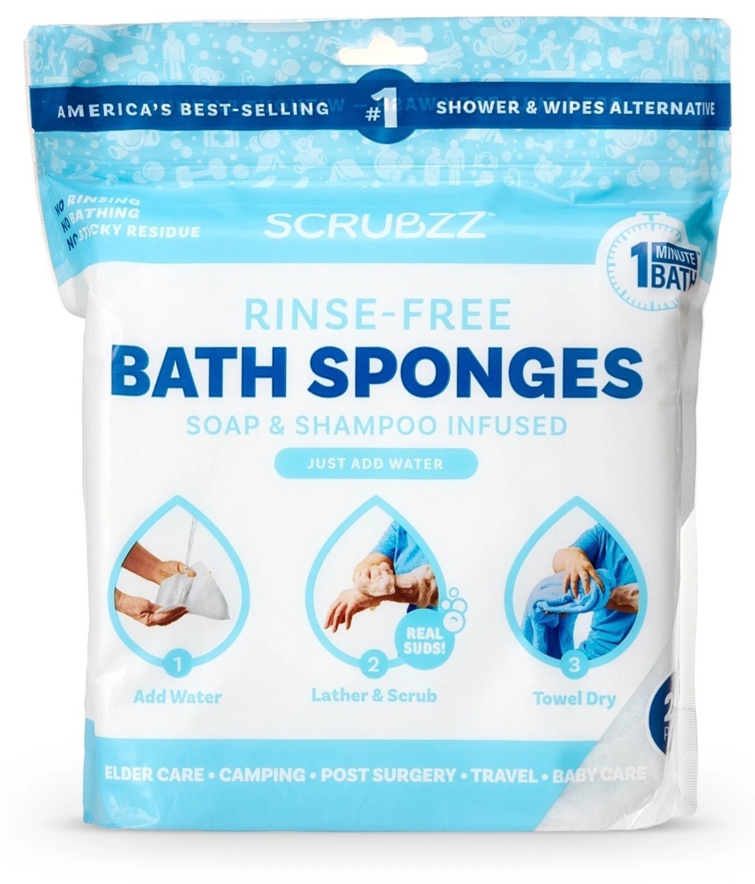 Scrubzz Disposable Rinse Free Bathing Sponges – Unscented, 50 Count