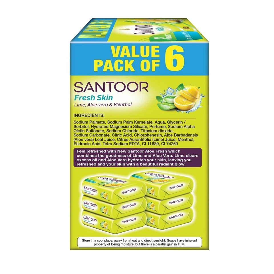 Santoor Aloe Vera & Lime Soap 125g X 6 | Fresh Skin Anti-Aging Soft Smooth