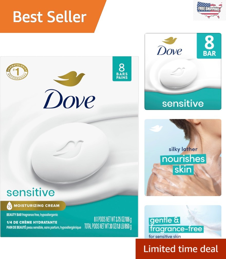 8-Pack Hypoallergenic Beauty Bar Soap 3.75oz – Fragrance-Free for Sensitive Skin