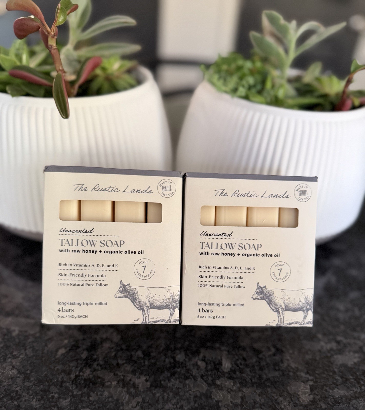 The Rustic Lands Tallow Soap made with raw honey & organic olive oil. Unscented