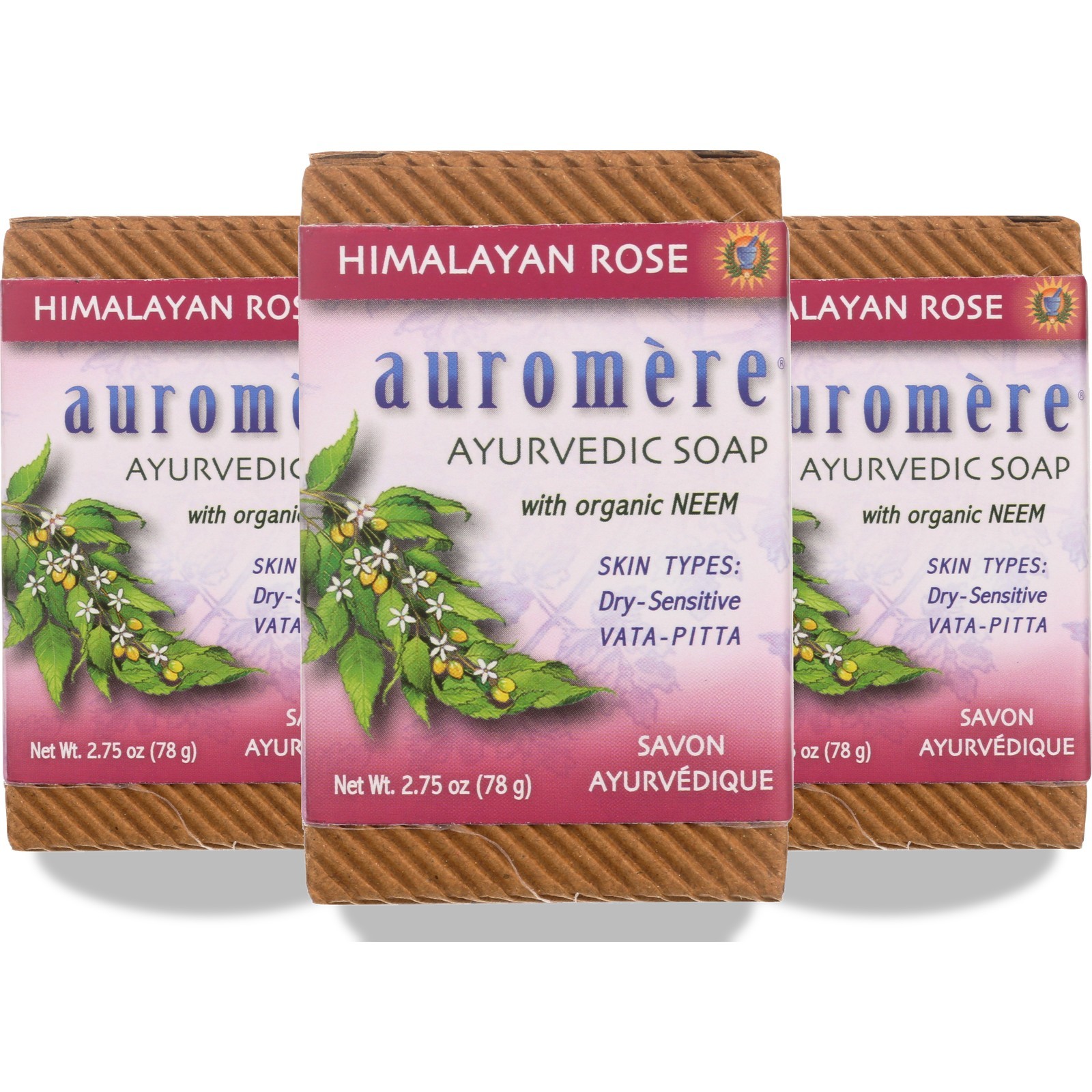 Auromere Himalayan Rose Ayurvedic Neem Bar Soap 2.75 Oz Natural 3 Pack