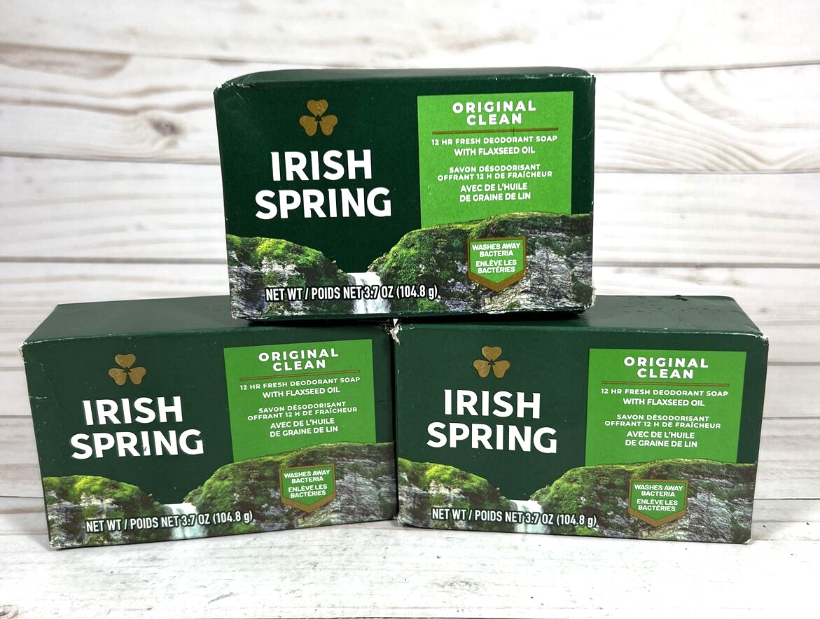 Irish Spring Original Clean Deodorant Soap Bars 3.7oz 12H Fresh Flaxseed (3Pack)