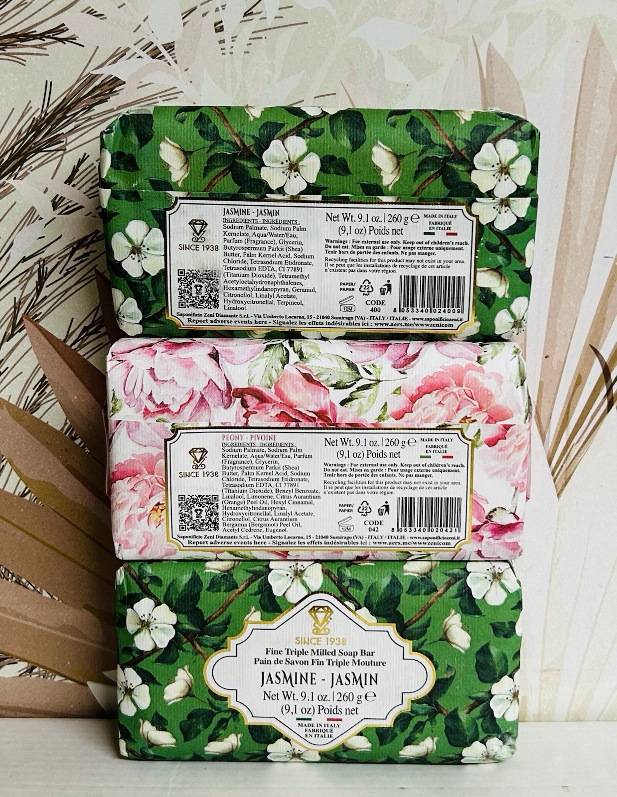 3-Pack Saponificio Zeni ~ Jasmine & Peony Fine Triple Milled Bar Soap 9.1 oz