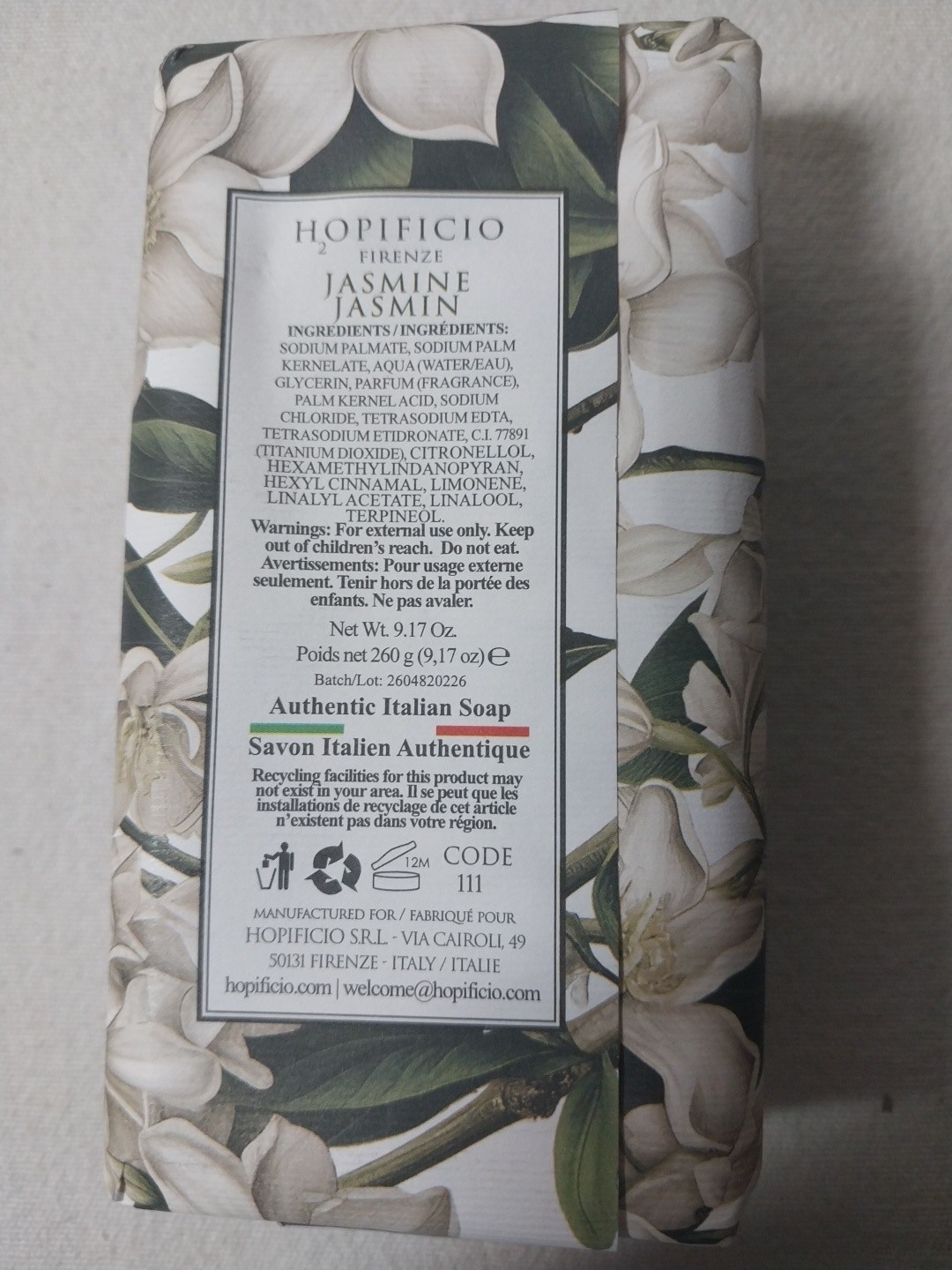 Hopificio Italian Luxury Bath Bar Soap Jasmine Jasmin scented 9.17 oz