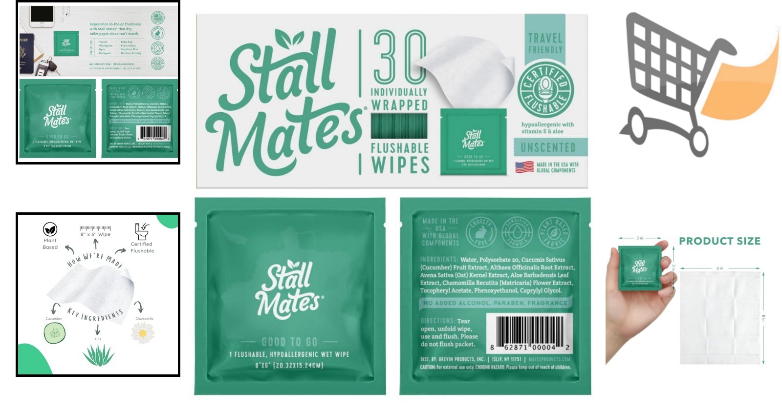 Flushable Wipes Unscented Sensitive Skin Aloe Vitamin-E 30 Pack Travel