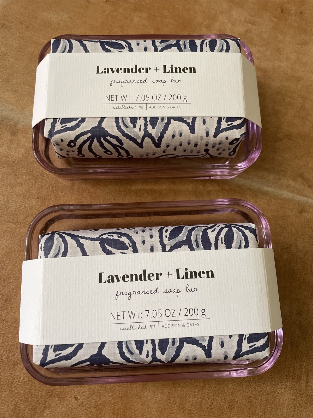 TWO VEGAN Addison & Gates Lavender Linen Fragrance Soap With Pink Glass Dish 7oz