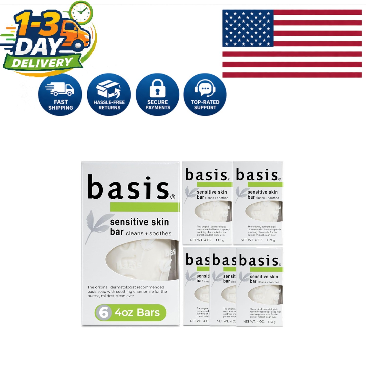 Gentle Unscented Bar Soap for Sensitive Skin – 6 Pack of Chamomile & Aloe Vera