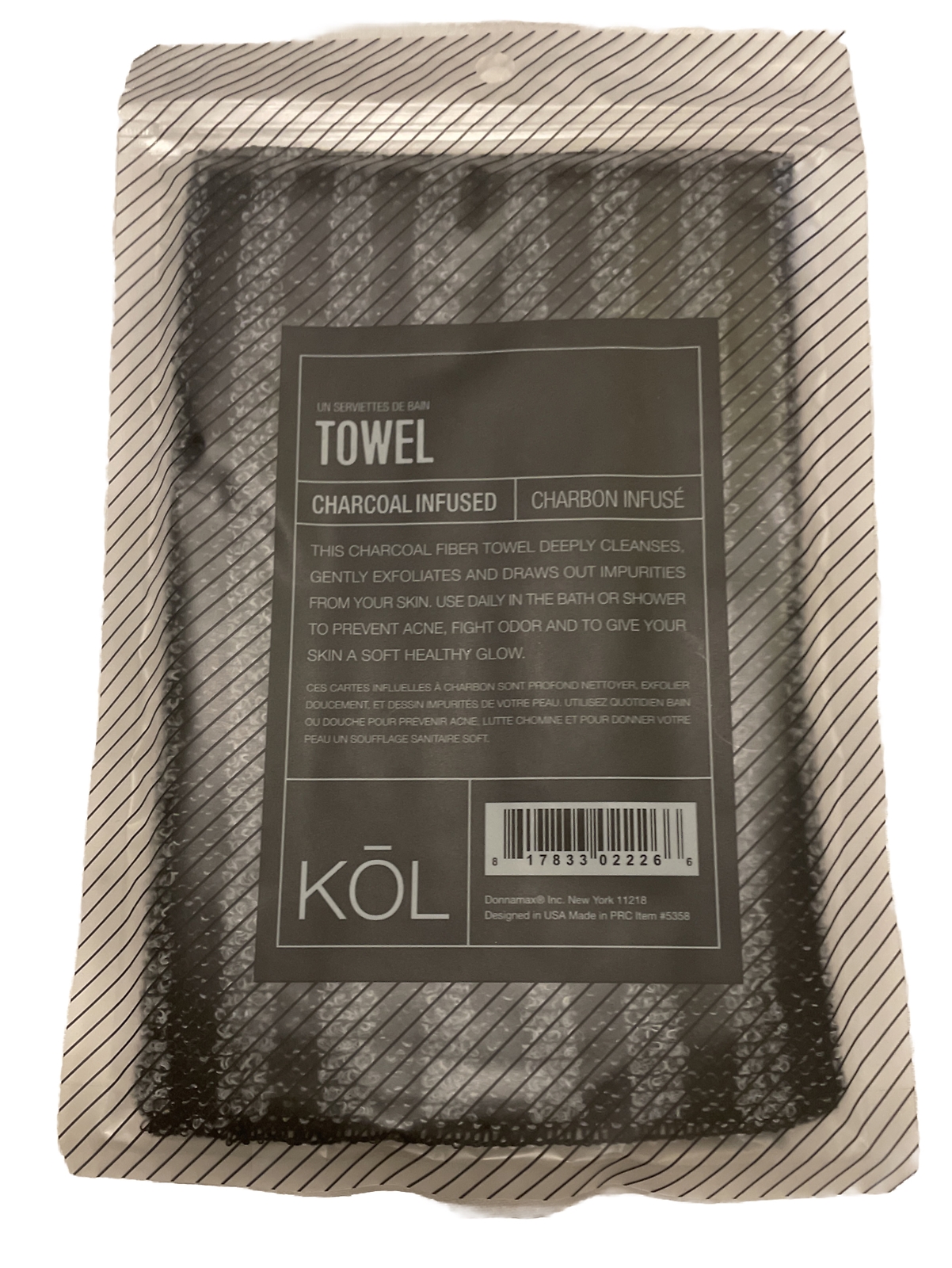 Donnamax KOL Charcoal Infused Towel 36″x9″ Black/Gray Striped (NEW)