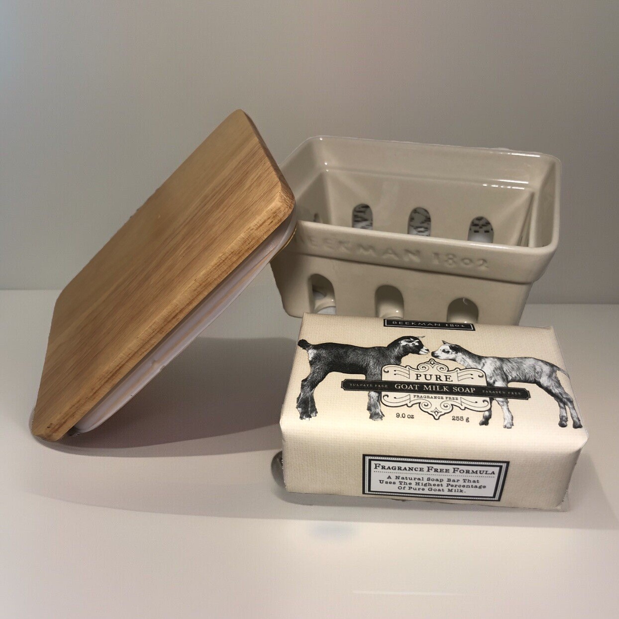 Beekman 1802 Goat Milk CERAMIC CADDY & Unscented Goat Milk Soap Set
