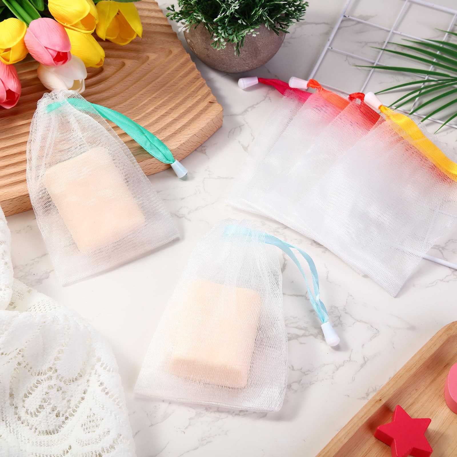 120 Pcs Soap Mesh Bag Exfoliating Soap Saver Pouch Foam Net with Drawstring f…