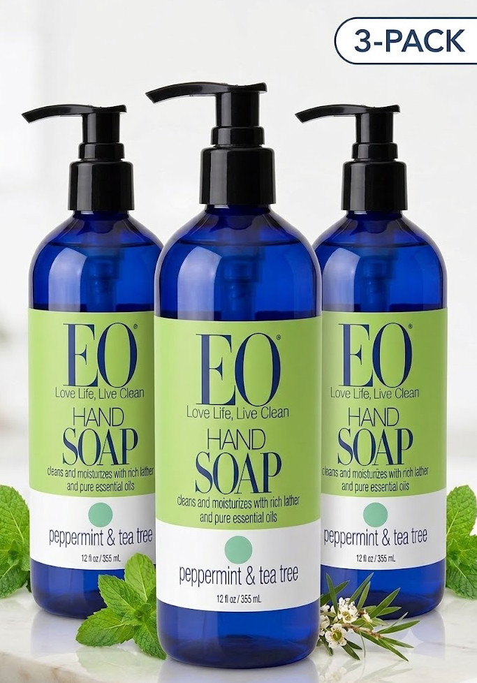 New 3-PACK EO Peppermint & Tea Tree Liquid Hand Soap 12oz Pump Bottles