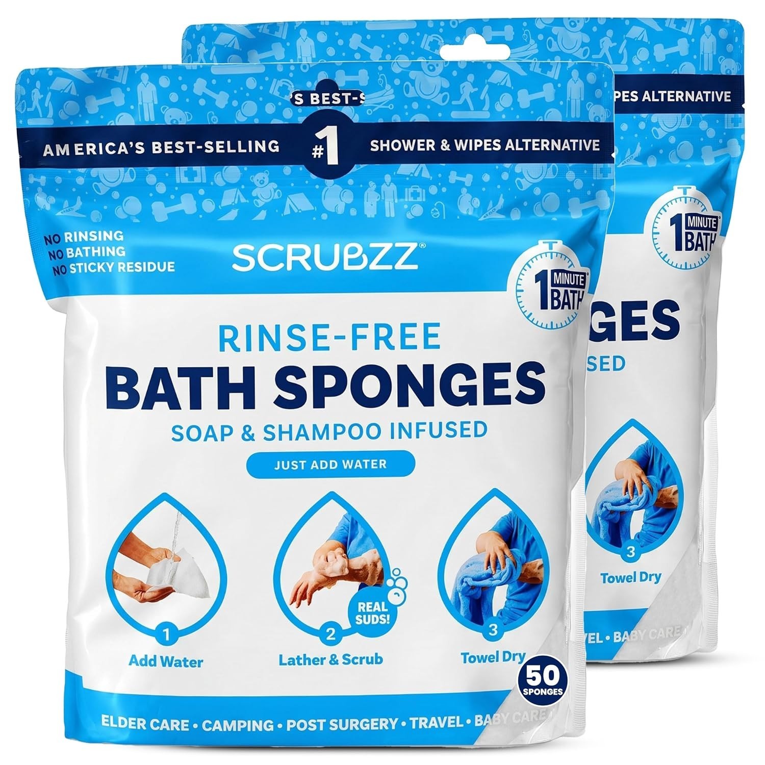 Scrubzz Disposable No Rinse Bath Wipes Unscented 2 Pack Shower Wipes