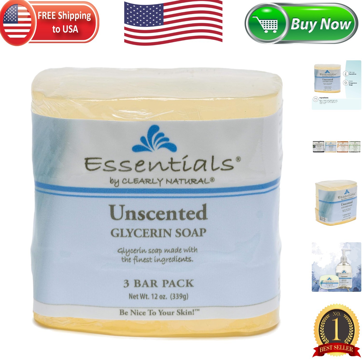 Essentials 4oz Unscented Glycerin Bars, Pack of 3 – Perfect for Sensitive Skin