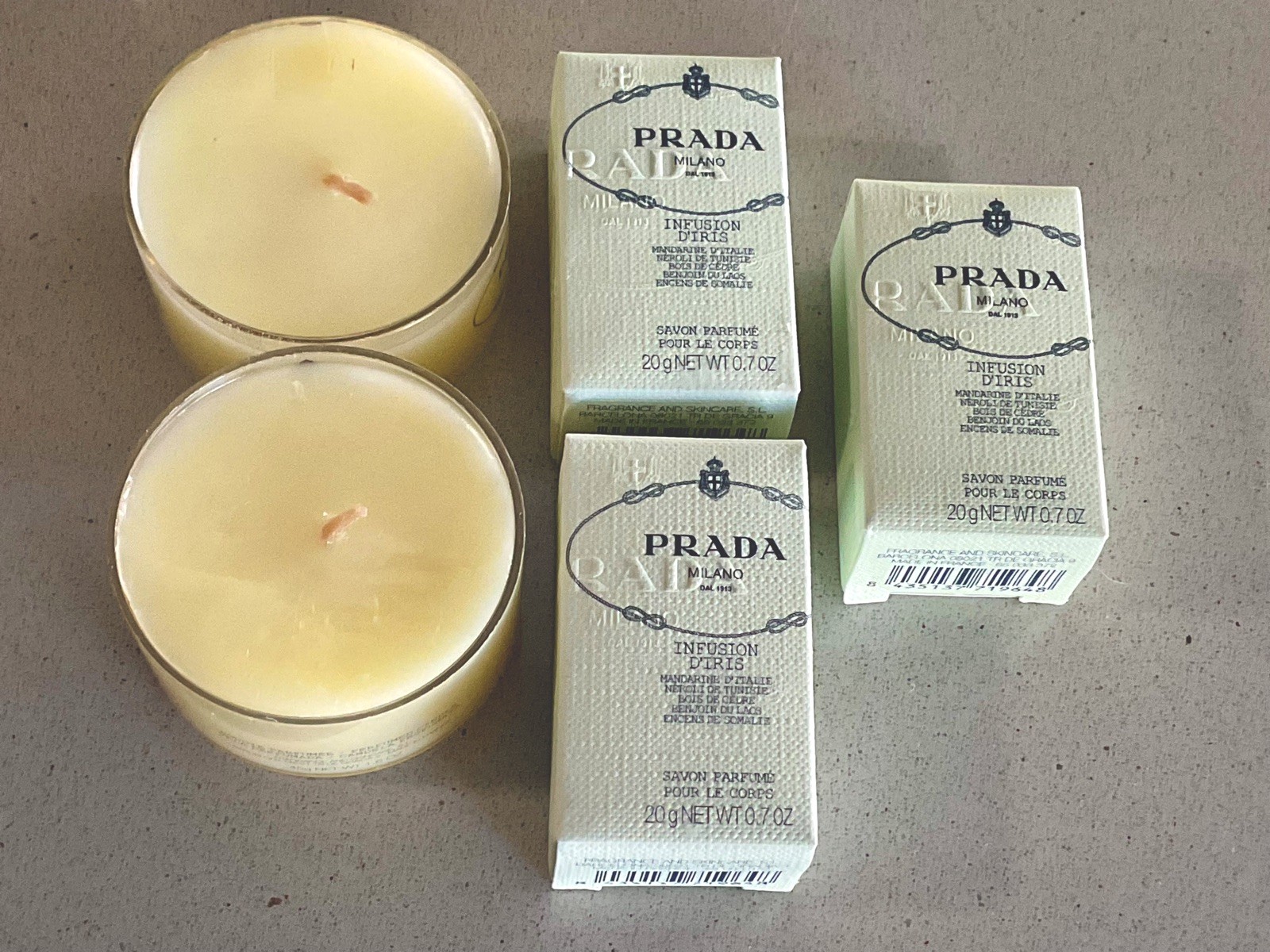 PRADA MILANO INFUSION D’IRIS TRAVEL PERFUMED SOAP X3 & 2 FREE TEA LIGHT CANDLES