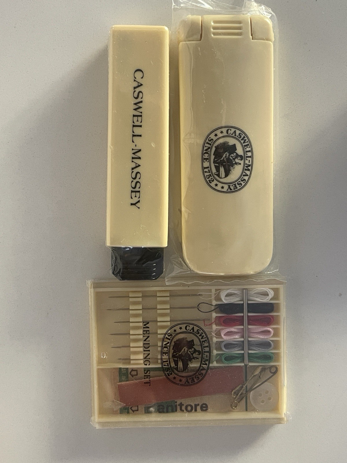 Caswell Massey hotel amenities Travel Gift Set Vintage 3 Soaps Sewing Shoe Kit