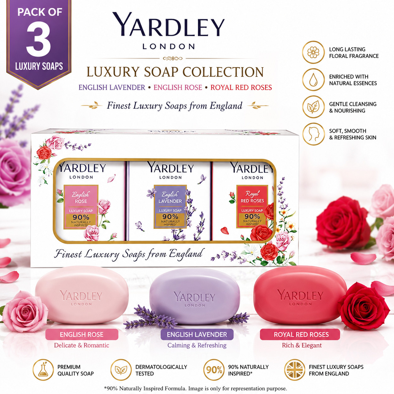 Yardley London English Lavender Rose Red Roses Luxury Soap Pack 6 Women 100g FS