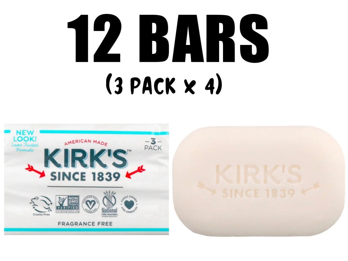 Kirk’s, 100% Premium Coconut Oil Gentle Castile Soap, Fragrance Free, 12 Bars