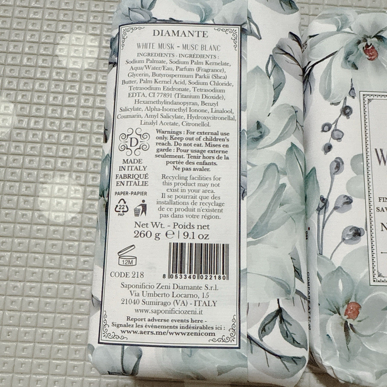 2X Zeni DIAMANTE WHITE MUSK Fine Triple Milled ITALIAN Soap Bar 9.1 Oz