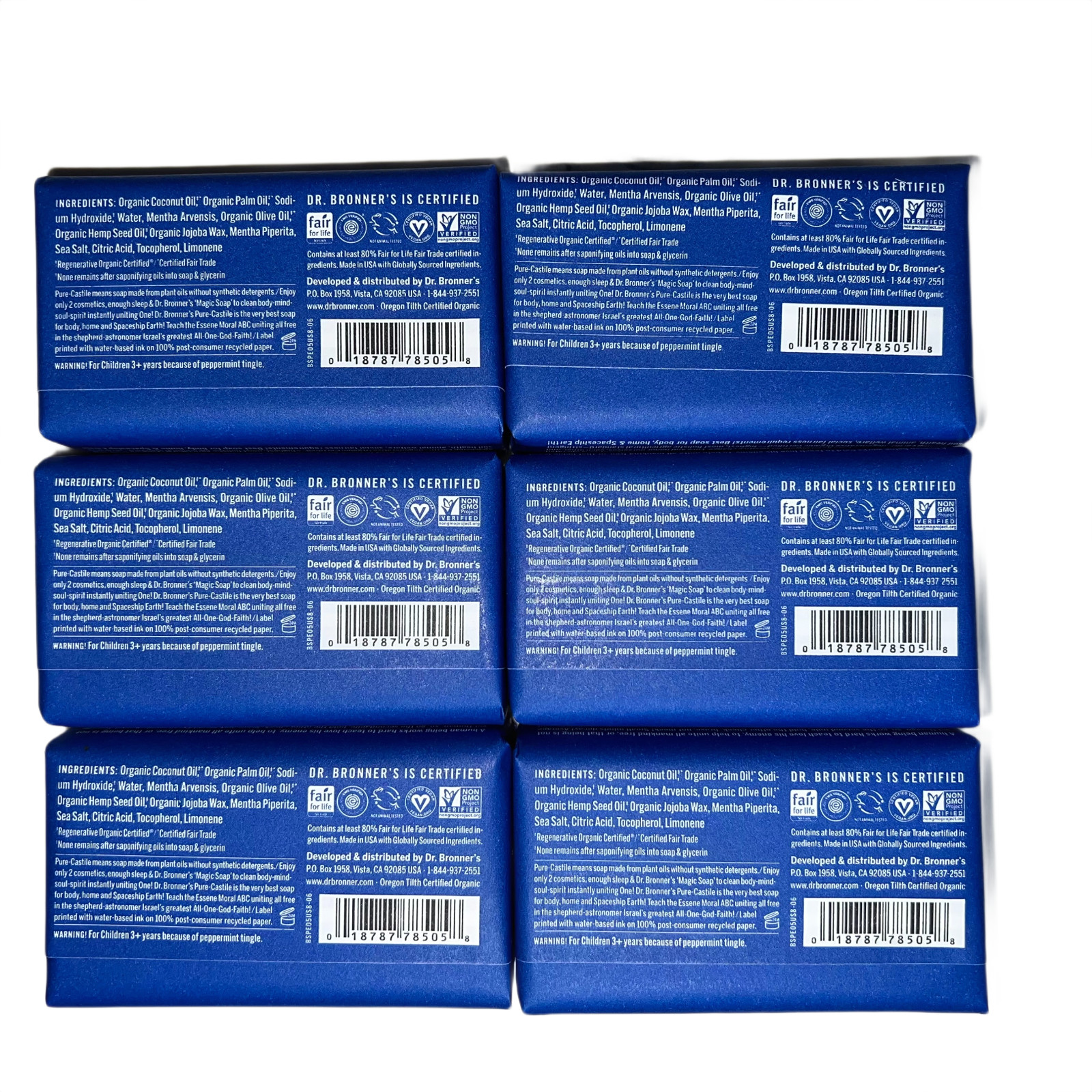 Dr Bronner’s All‑Pure Castile Magic Bar Soap Peppermint 5oz 6 Bar Box New